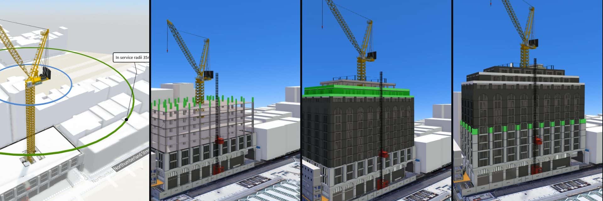 Four stills from an OD3 4D construction sequence: crane logistics plan, steel frame erection, cladding progress and the topped-out building