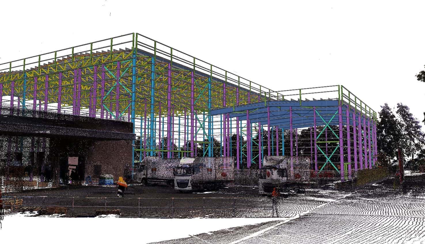 Tekla structural model aligned over a 3D laser-scan point cloud of a warehouse site