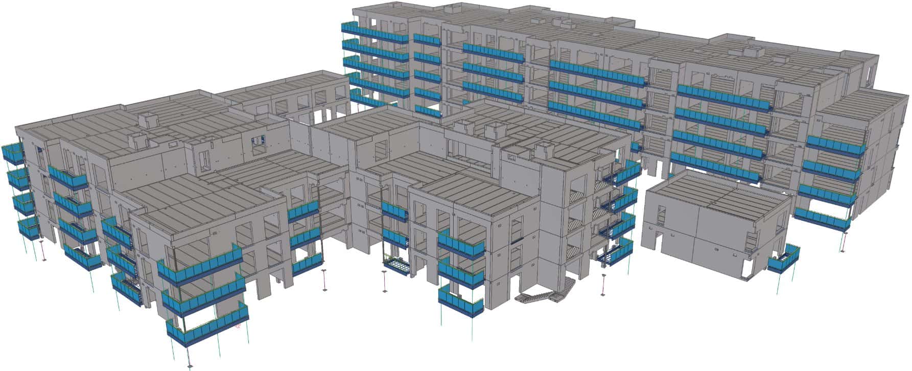 Federated model of the Long Mile Road apartment blocks, the balcony frames picked out in blue against the precast structure
