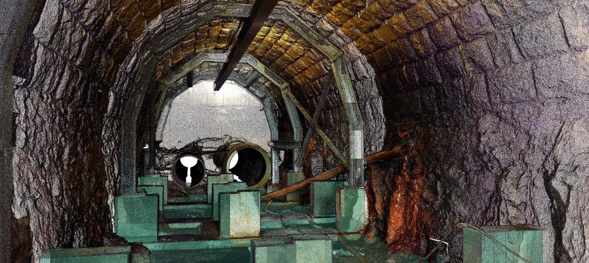 Point cloud of an underground brick chamber captured with a Trimble X7 laser scanner