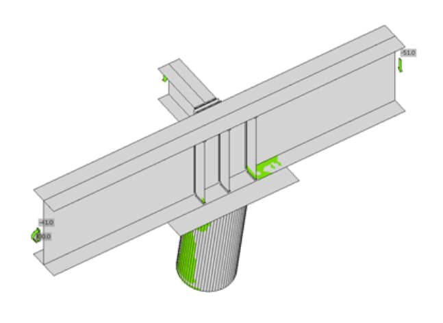 Weld and bolt geometry on a beam-to-column joint, checked in IDEA StatiCa