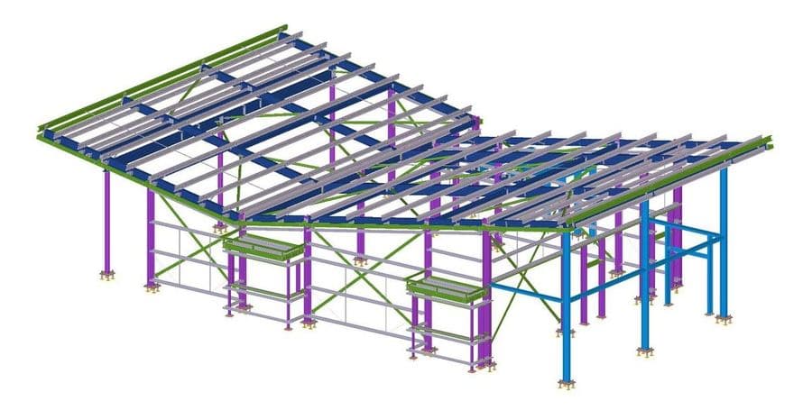Colour-coded Tekla model of a forecourt canopy frame