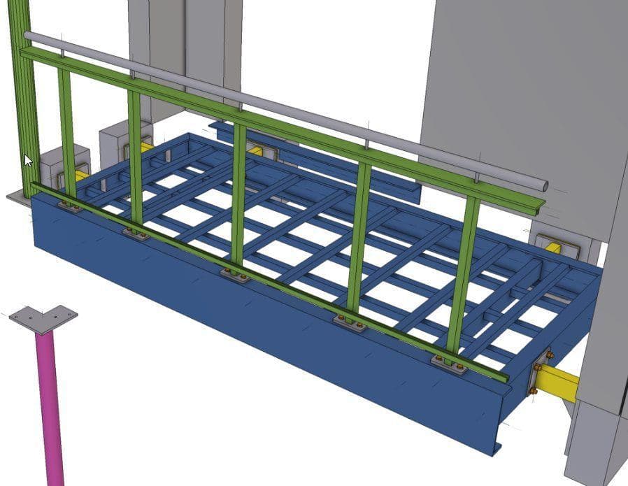 Close detail of a modelled frame connection with plates and bolts
