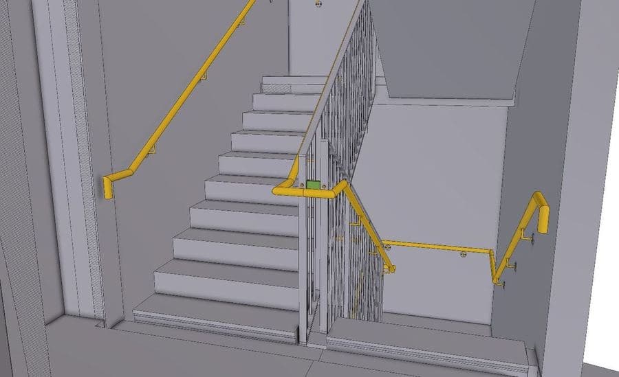 Modelled stair flight and landing with stringers and balustrade