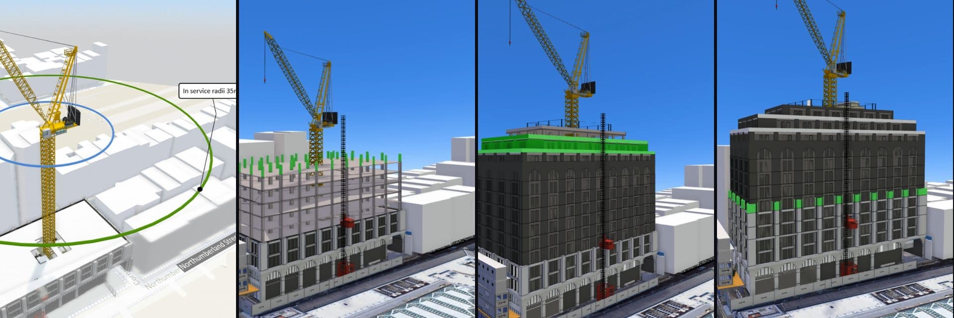Four stills from an OD3 4D construction sequence — crane logistics plan, steel frame erection, cladding progress and the topped-out building