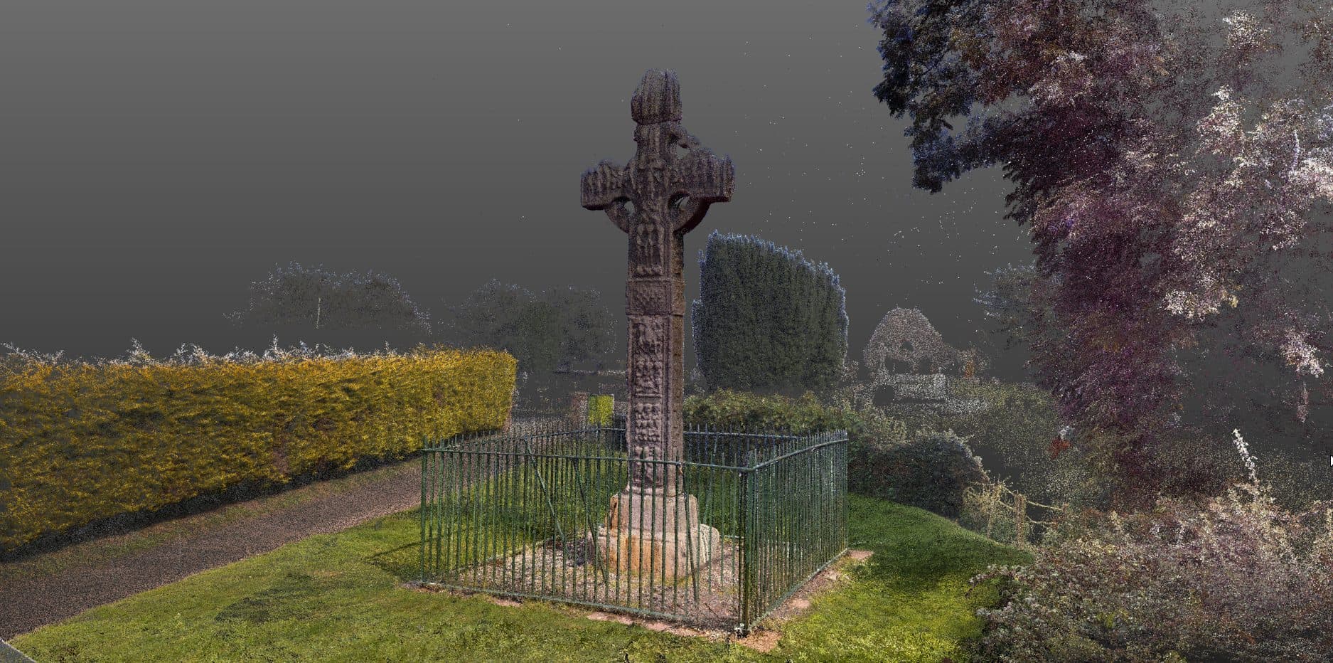 Colourised 3D laser-scan point cloud of the Ardboe High Cross — a listed 10th-century monument — captured within its railing and churchyard