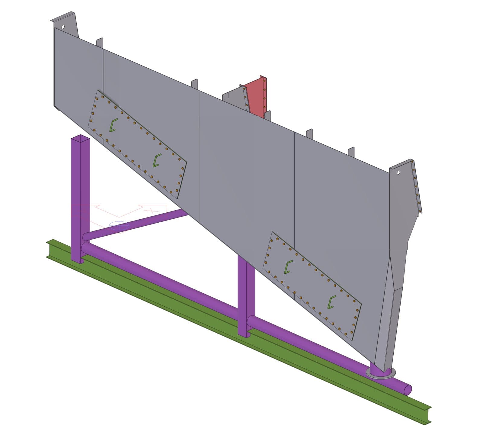 Rendered mechanical assembly showing a panelled screen on its support frame, coloured by component