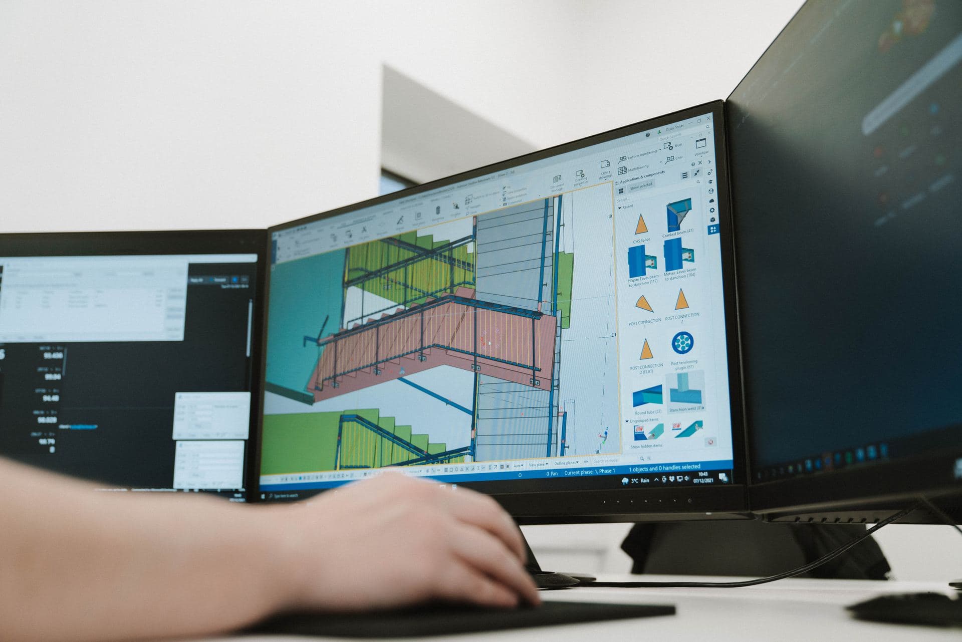 A steel stair modelled in Tekla on a screen in the OD3 studio