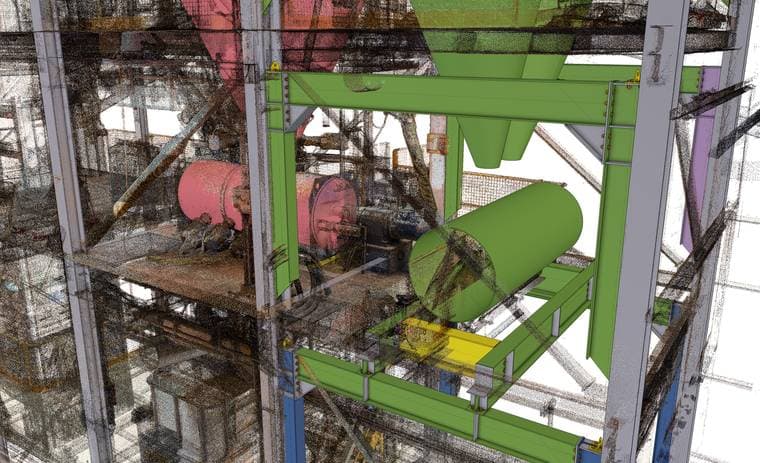 New steel modelled inside the measured point cloud of an existing plant structure