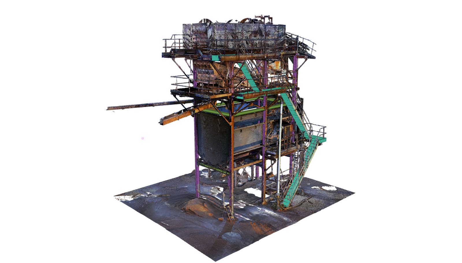 A scanned industrial plant tower with the modelled steel frame overlaid on the point cloud