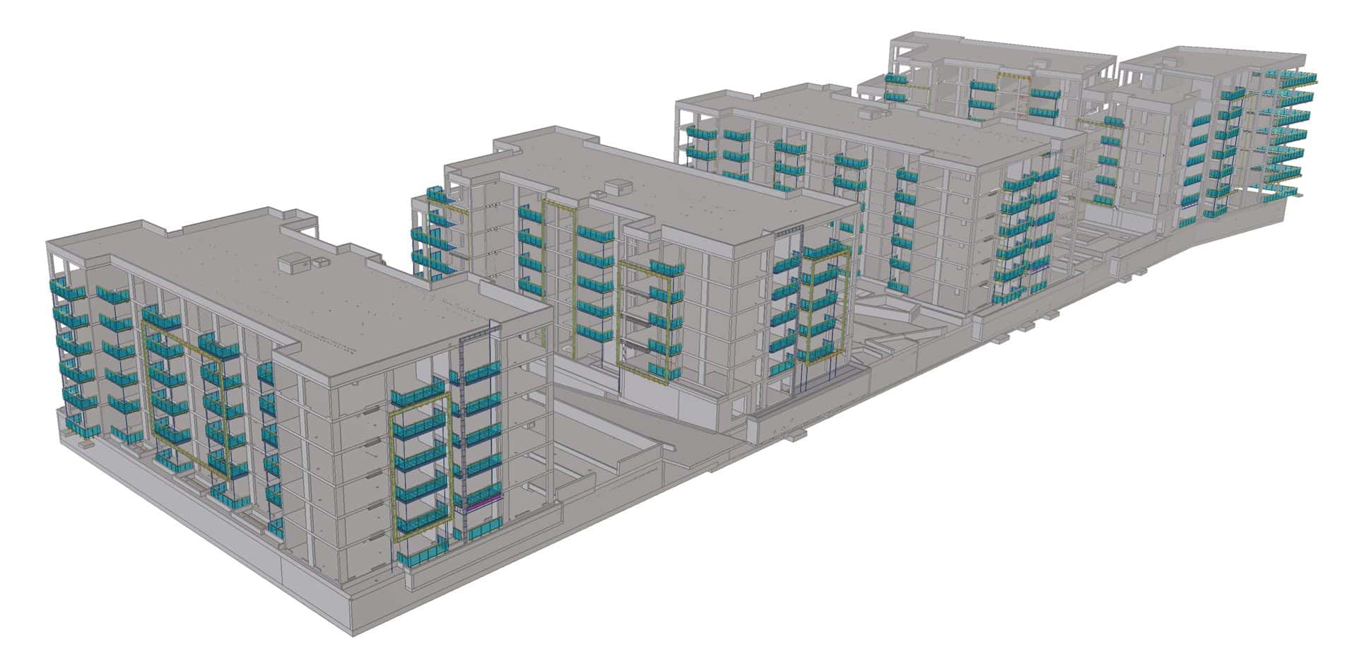 Federated model of the Two Three North apartment blocks in Dublin, balcony frames threaded through the precast structure