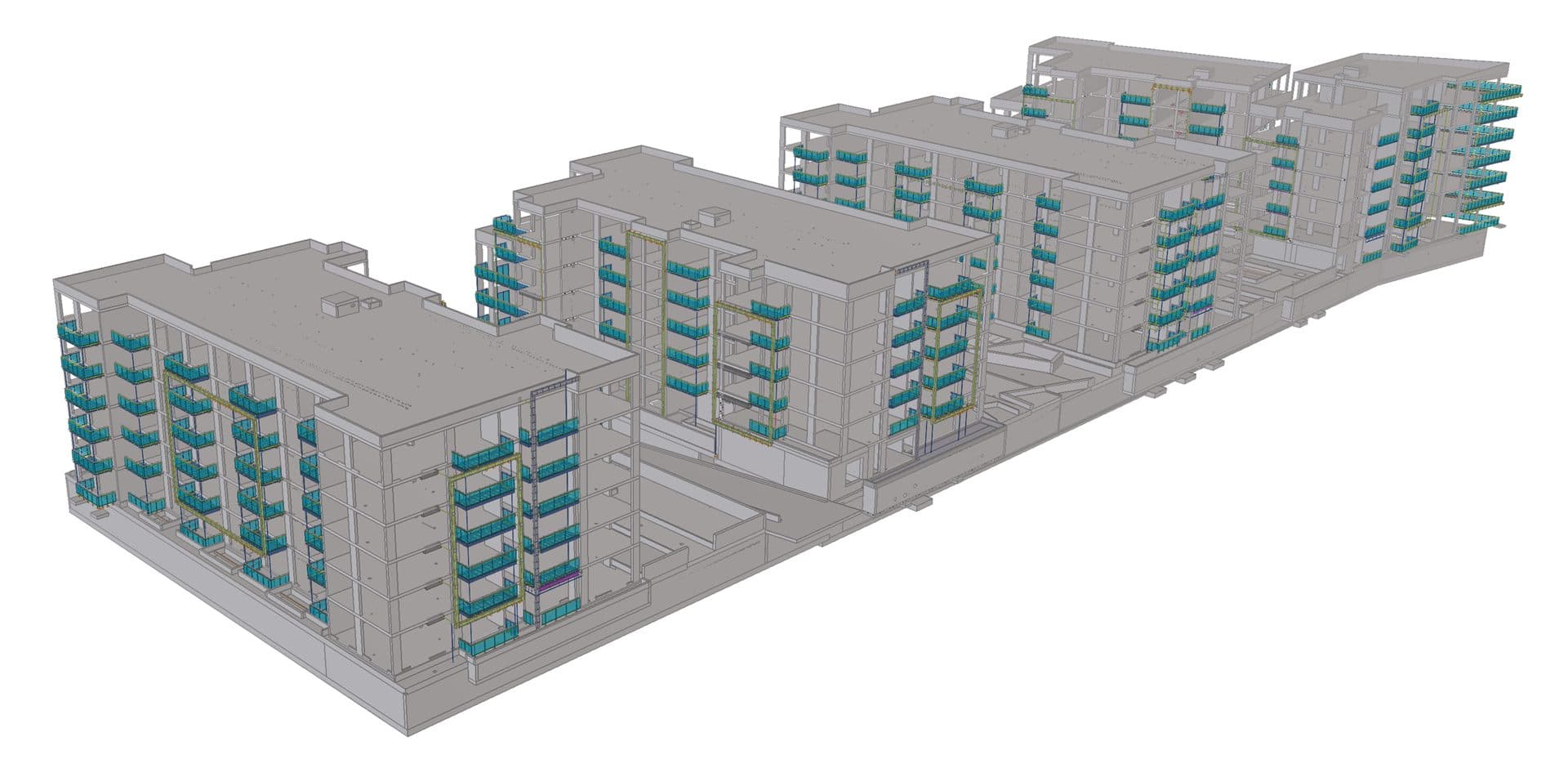 Model of four apartment blocks with every balcony assembly modelled