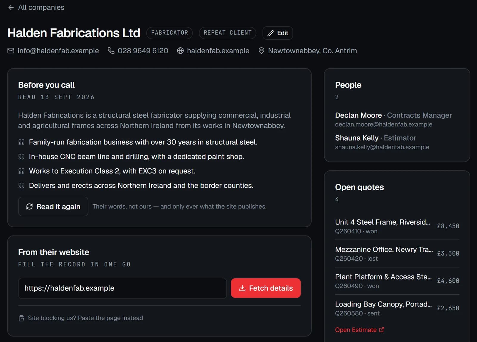 A client record in Redpen from an example workspace: a 'Before you call' brief read from the firm's website, their people, and the quotes sent to them.